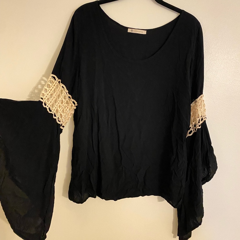 The Impeccable Pig Bell Sleeve Black Blouse with Cream Lace